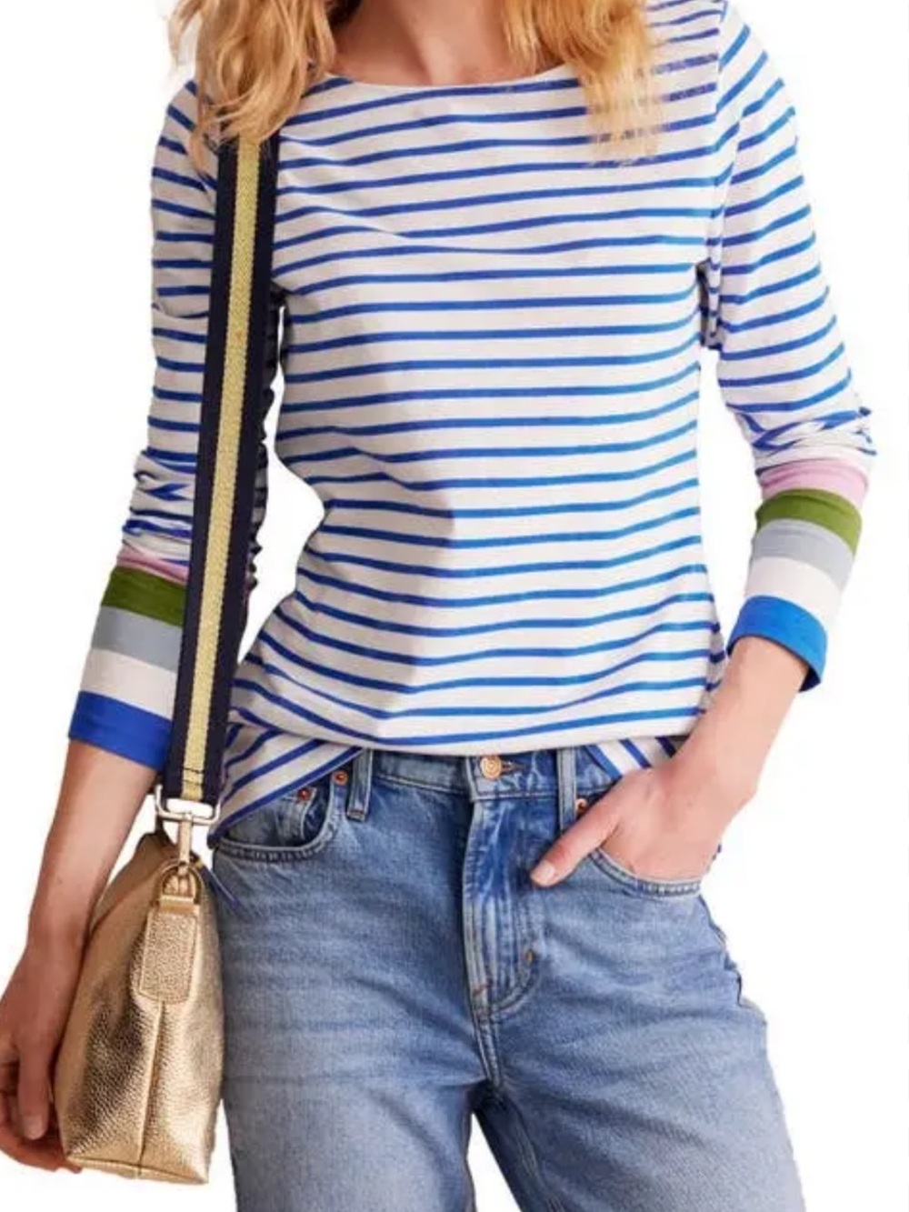 Boden Ella Contrast Stripe Multi Color Cuff Long Sleeve Top SIZE 16/18 Preppy